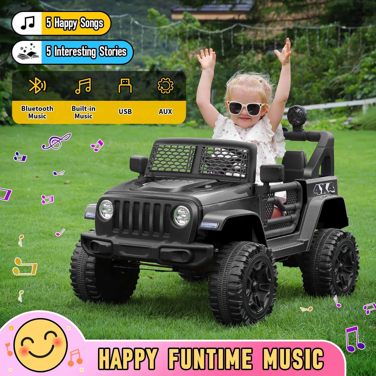 12V 7AH Kids Powered Ride on Truck Car with Parent Remote Control, Bluetooth Music, Spring Suspension, LED Lights - Black