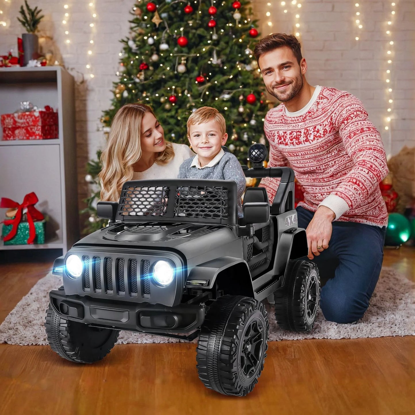 12V 7AH Kids Powered Ride on Truck Car with Parent Remote Control, Bluetooth Music, Spring Suspension, LED Lights - Black