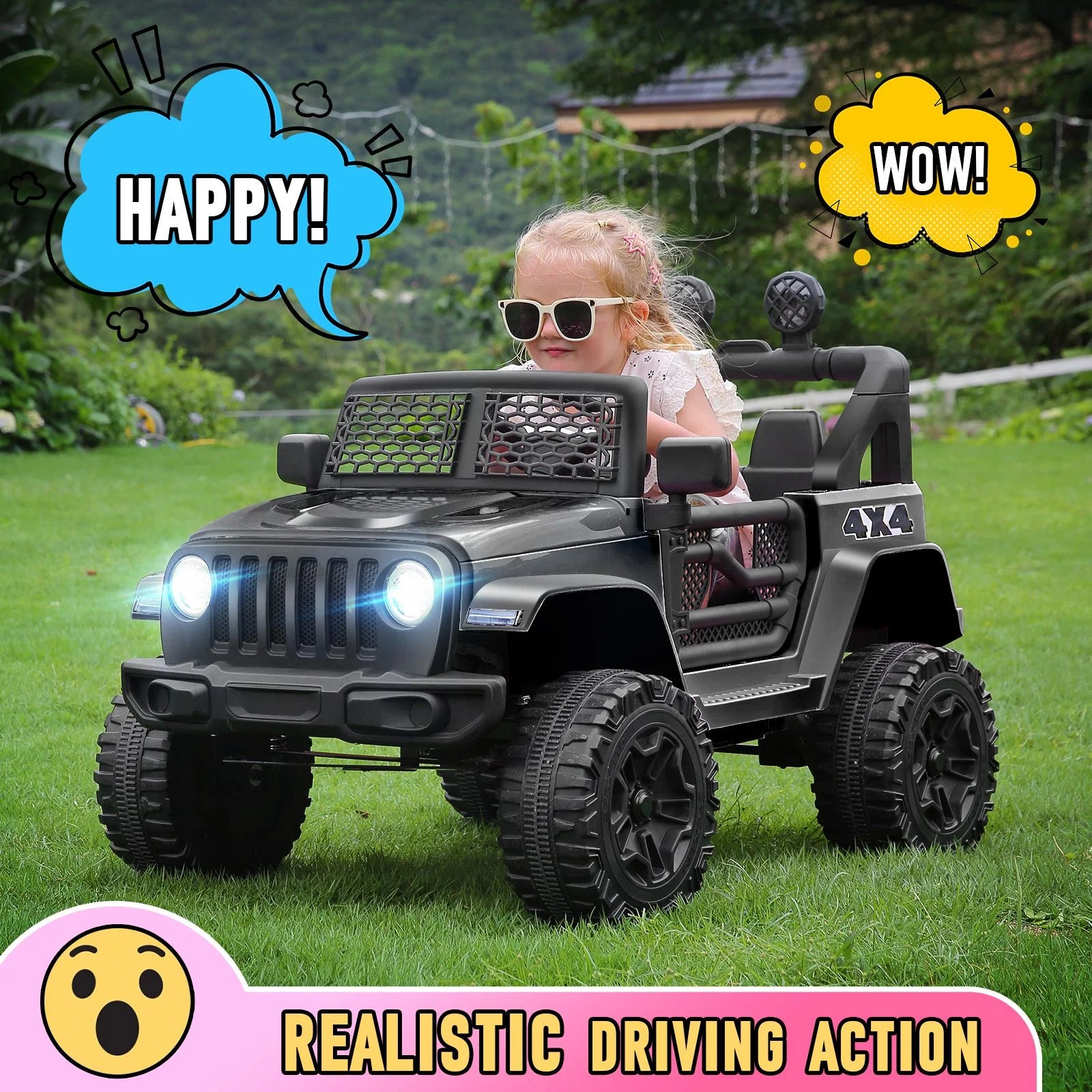 12V 7AH Kids Powered Ride on Truck Car with Parent Remote Control, Bluetooth Music, Spring Suspension, LED Lights - Black