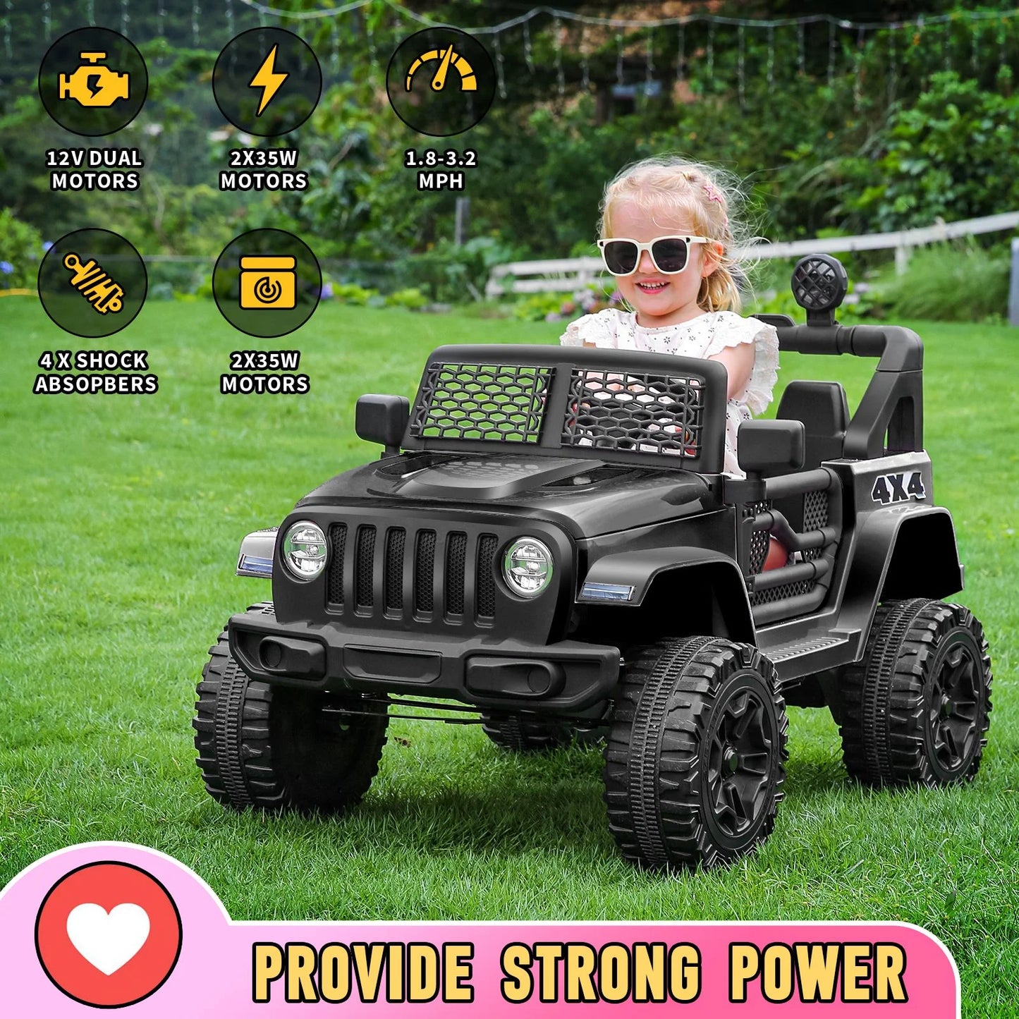 12V 7AH Kids Powered Ride on Truck Car with Parent Remote Control, Bluetooth Music, Spring Suspension, LED Lights - Black